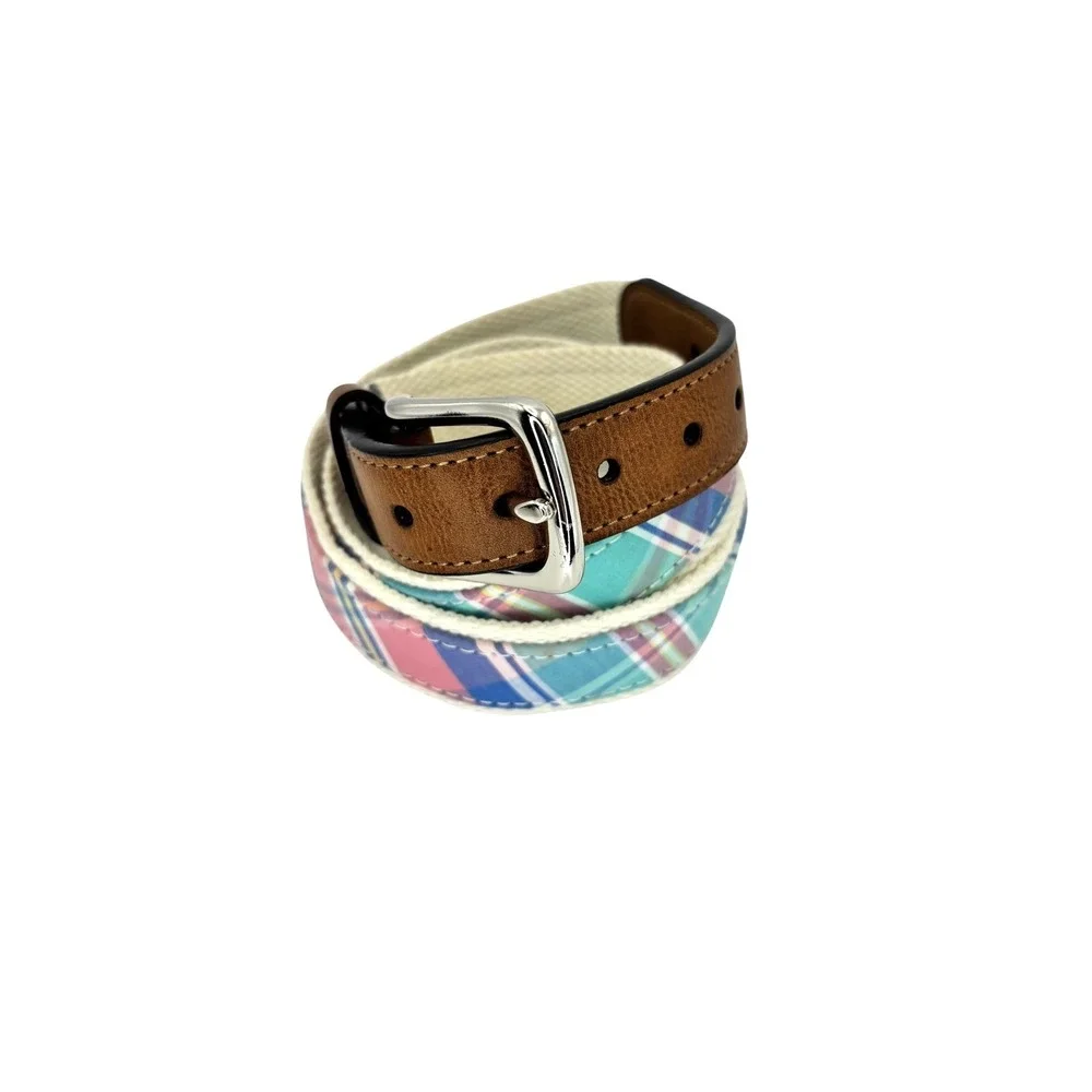 COUNTRY CLUB PREP BELT Brown Leather Plaid White Canvas  Sz XL 34